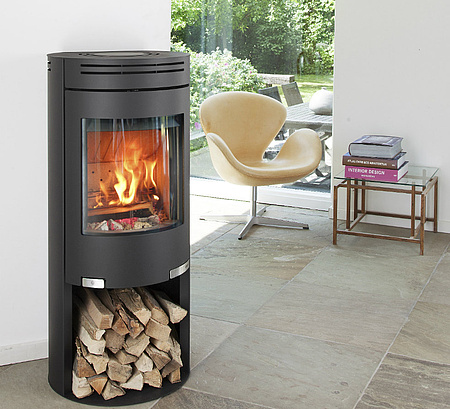 Tall wood burning stove with raised combustion chamber