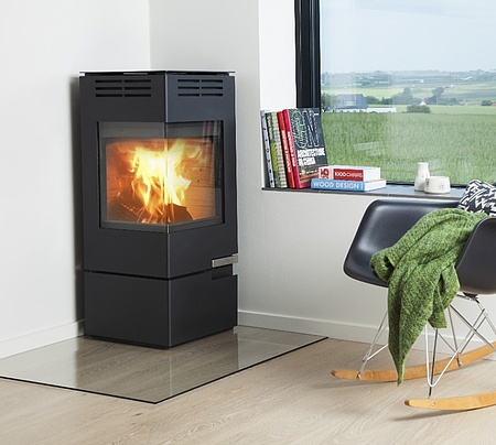 Cubic corner wood burning stove