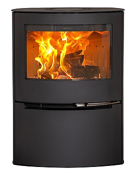 Wide wood burning stove with curved front