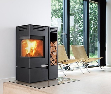 Cubic wood burning stove with storage compartment