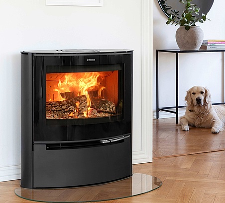 Elliptical shaped wood burning stove with black glass door