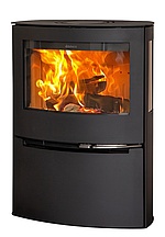 Wide wood burning stove with side glass